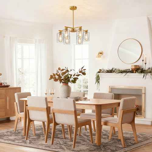 6-Light Modern Gold Chandelier Farmhouse Dining Room Light Fixture with Clear Glass Shade Hanging Ceiling Pendant Lighting for Kitchen Island Living Room Hallway