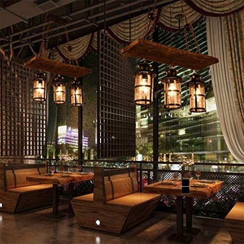 Wood Retro Pendant Lighting Industrial Vintage Chandelier Black Metal Bedroom Restaurant Suspension Lamp Cage Frame with Glass Shade House Loft Bar Coffee Decoration Ceiling Lights Fitting