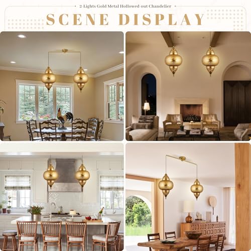 Modern 2 Light Pendant Light Fixture Kitchen Island Brass Hanging Lights with Gold Metal Shade and Adjustable Cord Pendant Lighting