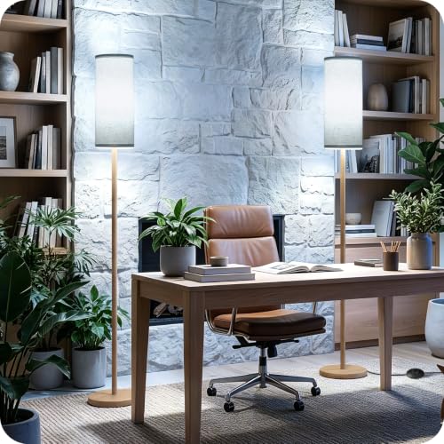 Wooden Textured Tall Slim Floor Lamp for Living Room with Remote and Foot Switch