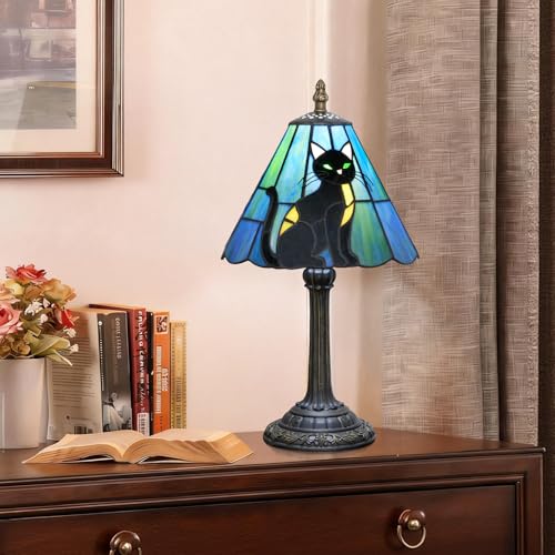 Tiffany Style Stained Glass Table Lamp Black Cat Small Table Lamp Bedroom Bedside Lamp Living Room Dining Room Office Decoration Desk Lamp Home Decoration Halloween Christmas Gift