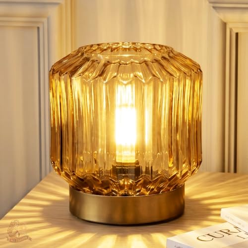 Amber Glass Cordless Battery Operated Lantern Table Lamp