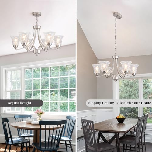 Modern Brushed Nickel Farmhouse Chandelier 6 Light Silver Chandeliers for Dining Room Adjustable Height Hanging Light Fixture with Clear Glass Shade