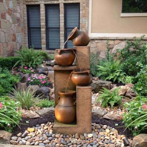 50H Water Fountain Outdoor with 5Tiers Modern Cascading Jar and Stacked Water Fountain with LED Lights for Patio