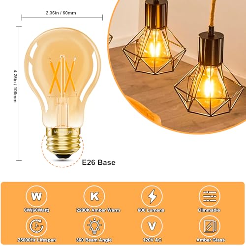 A19 Vintage LED Edison Light Bulbs 60 Watt (6 Count)