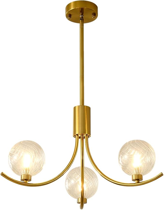 3-Head Gold Modern Chandelier with 3 Clear Glass Globe Bulbs, Globe Chandelier, Elegant Lamps with Gold Accents, Ceiling Light for Living Room Kitchen Island Bedroom Entryway