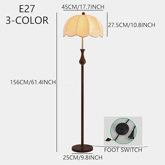 Wabi-sabi Fabric and Wood Grain Floor Lamp with E27 3-Color Dimmer - Modern Tall Lamp for Living Room, Reading Room, Bedroom, Dining Room