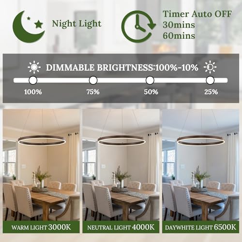 LED Ring Chandelier Walnut Wood Chandeliers 24in Dimmable