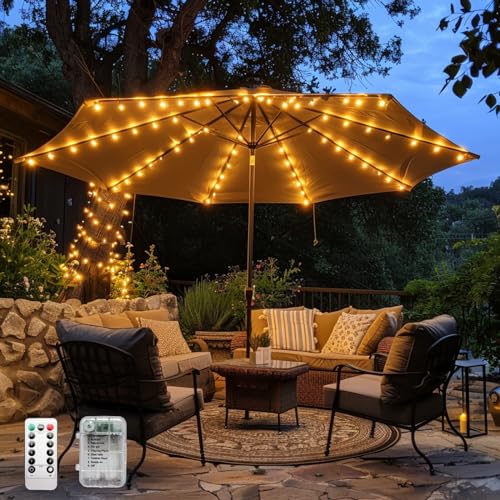 Patio Umbrella Lights Cordless 120 LED Table Umbrella Lights with Remote Control Battery Operated Waterproof Parasol String Lights for 7
