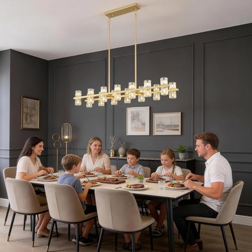 28 Light L46" Rectangle Gold Crystal Dining Room Chandelier Over Table
