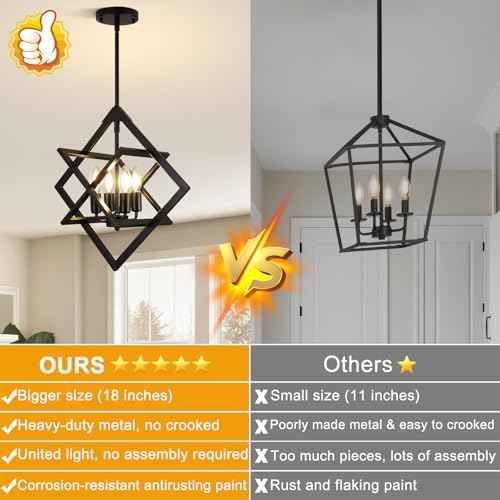 18" Modern Black Chandelier for Dining Room, No Assembly Required 4-Light Dining Room Light Fixture Over Table, Industrial Metal Hanging Pendant Lights Fixture for Kitchen Island, Entryway, Foyer
