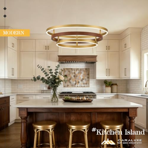 3 Ring LED Chandelier Modern Chandeliers Red Walnut Wood Gold Dimmable 24''