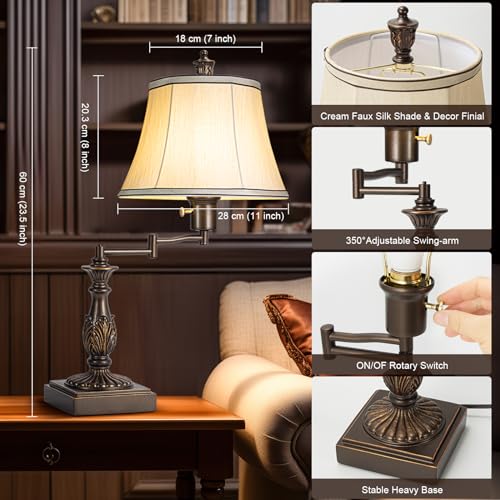 350° Swing Arm Table Lamp Set of 2 with USB Ports for Bedroom
