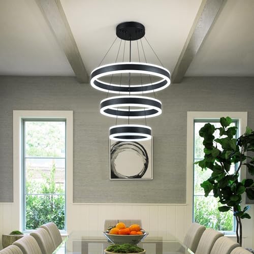 Modern LED Chandeliers Adjustable Hanging Black Pendant Light Fixture 3 Ring Flush Mount Chandeliers for Bedroom