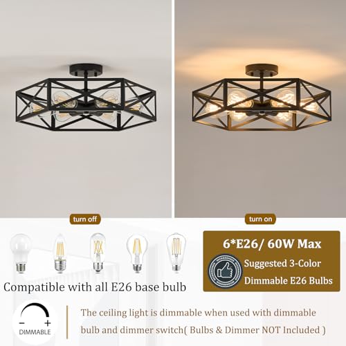 Black Modern Farmhouse Metal Semi Flush Mount Ceiling Light Fixture 19.7 in