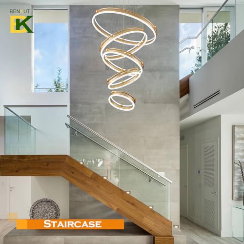 5 Rings Modern LED Chandelier Gold Dimmable Large High Ceiling Chandeliers Foyer