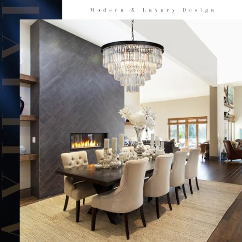 Large Crystal Chandelier Modern Black 30" Round Light Fixture Staircase