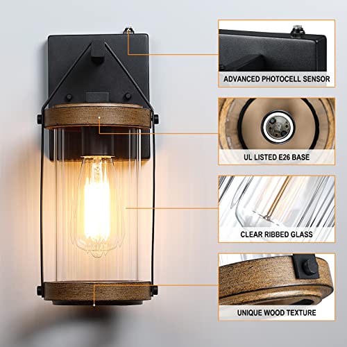2 Pack Dusk to Dawn Sensor Outdoor Wall Lights with Wood Grain (2 Count)