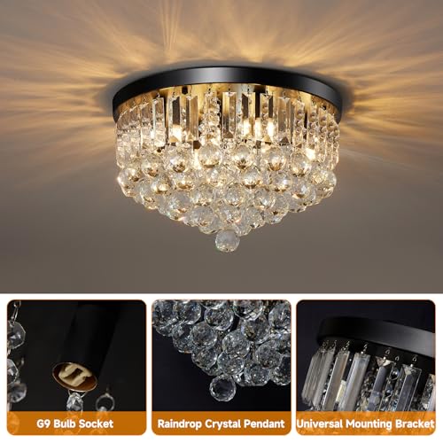 8 Light Modern Crystal Chandelier Black Metal G9 Base Flush Mount Round Light Fixture Ceiling Lamp Farmhouse for Dining Living Room Laundry Foyer Kitchen Balcony Bedroom