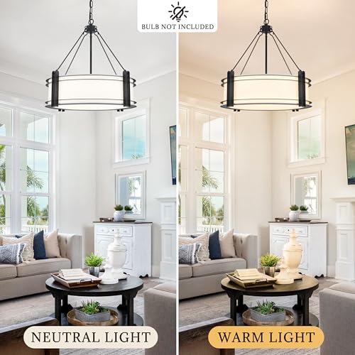20.4'' Black Drum Chandelier with White Linen Fabric Shade (5 Count)