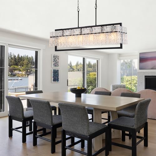 6-Light Black Linear Chandeliers for Dining Room, 42 Inch | Water Ripple Glass, Height Adjustable, E26 Base, Large Black Rectangle Kitchen Island Lighting for Living Room Over Table
