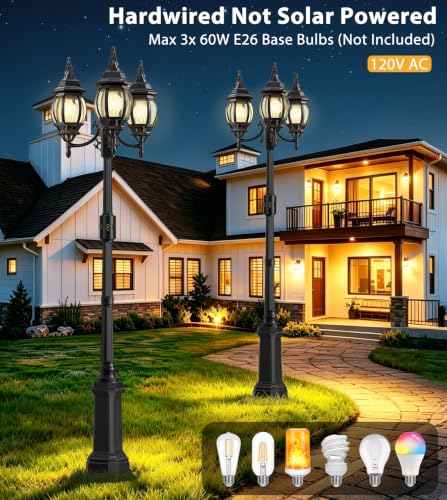 97" 3 Head Motion Sensor Outdoor Post Lights with GFCI Outlet