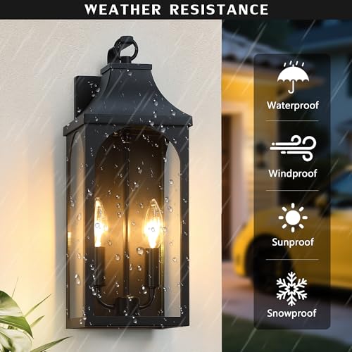 17-Inch 2-Light Outdoor Porch Wall Lantern, Black Exterior Light (2 Count)