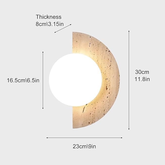 Japanese Style Wabi-sabi Art Decor Lighting Fixture, Semi Circle Yellow Travertine Wall Lamp with Glass Shade, Half Moon Natural Marble Stone Wall Sconce for Bedroom Bedside Hallway