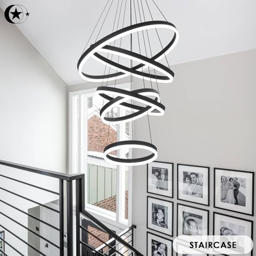 5 Rings Modern LED Chandelier Black Dimmable High Ceiling Chandelier for Dining Room with Remote Control for Foyer Living Room Entryway Staircase