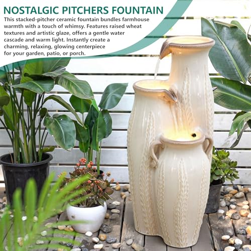 30" Ceramic Vase Water Fountain Outdoor with LED Lights