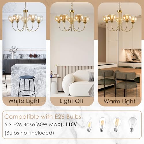Mid Century Modern Globe Chandelier 5 Light Amber Glass Vintage Sputnik Chandeliers Gold Pendant Light Fixtures for Dining Room Kitchen Living Room Bedroom