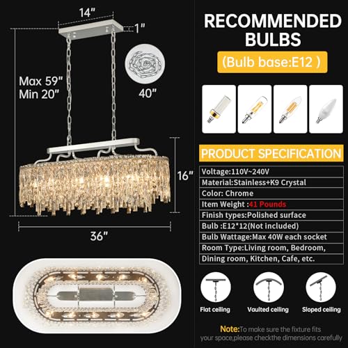 12 Lights Chrome Oval Crystal Chandeliers for Dining Room 36"