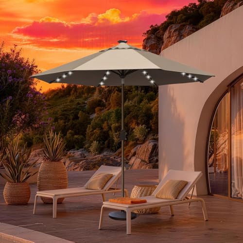 USA 10-Year-Non-Fading 10ft Market Patio Umbrella, Commercial Grade Table Sun Umbrella with 80 Solar LED Lights, Crank Open, Windproof & UPF 50+ UV Protection for Garden, Deck, Pool, Backyard, Heather Beige