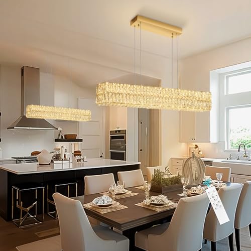 40 Inch Glam Crystal Chandelier Modern Dimmable Crystal Chandeliers LED Rectangular Ceiling Light Fixtures for Dining Room Living Room Glod