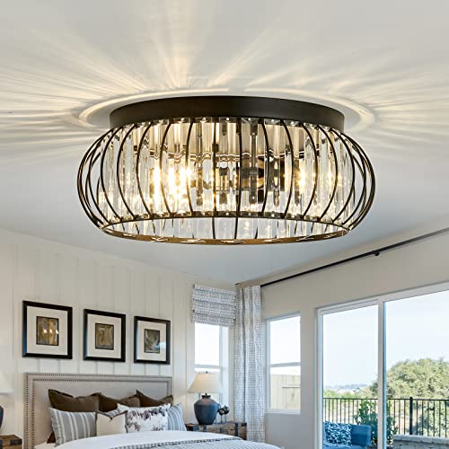 3 Light Flush Mount Ceiling Light Fixtures Modern Crystal Chandelier Black E26 Indoor Lighting for Hallway Bedroom Bathroom Foyer Living Room Dining Room Kitchen