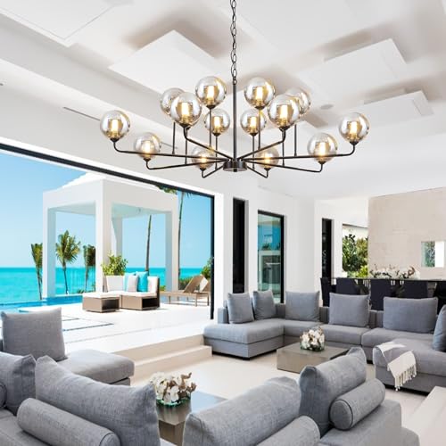 Large Chandeliers for High Ceilings 47.2IN Large Dining Room Chandelier with Smoky Gray Glass Globe Modern Black Chandeliers for Dining Room Large Chandelier Light Fixture for Entryway Living Room