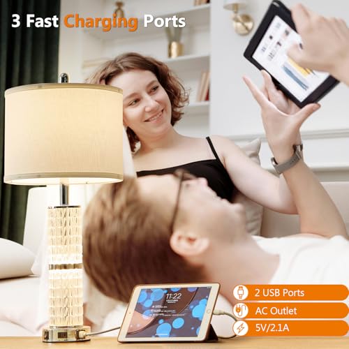 Crystal Table Lamps Bedside for Living Room Bedroom with USB Ports