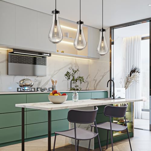 Raindrop Pendant Lights Kitchen Island Set of 2 Teardrop Black Hanging Light Fixtures Clear Solid Glass Pendant Light Modern Chandeliers for Dining Room Porch Corridor Living Room… (2 Count)