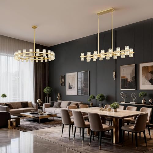 28 Light L46" Rectangle Gold Crystal Dining Room Chandelier Over Table