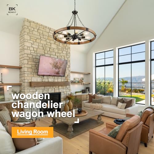 Farmhouse Wagon Wheel Chandelier 31.5" Oak Rustic Chandeliers 8
