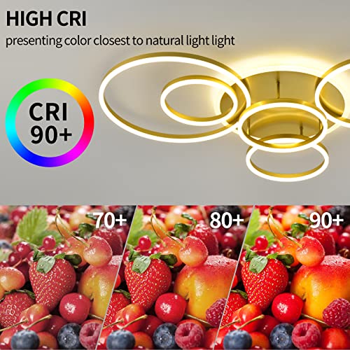 Modern LED Ceiling Light Gold Dimmable 5 Rings Flush Mount Ceiling Light Fixtures with Remote Control 106W 10000LM Ceiling Lighting for Living Room Bedroom Kitchen Dining Room 3000