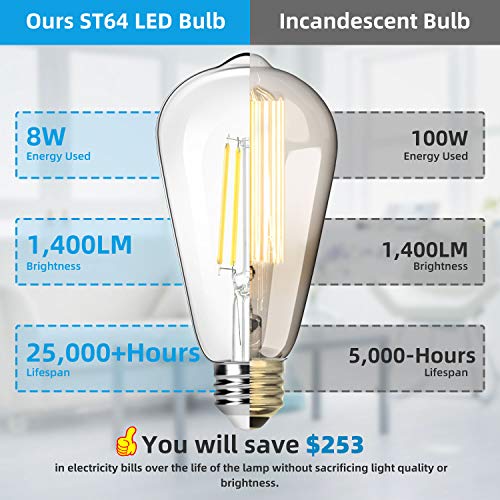 4 Pack Vintage 8W ST64 LED Edison Light Bulbs 100W Equivalent (4 Count)