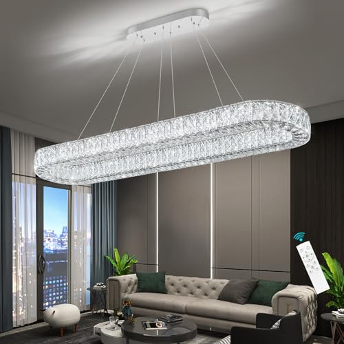 Modern Oval Crystal Chandelier for Dining Room Rectangular Ceiling Light Fixture Dimmable LED Chandeleirs for Living Room Kitchen Island Silver