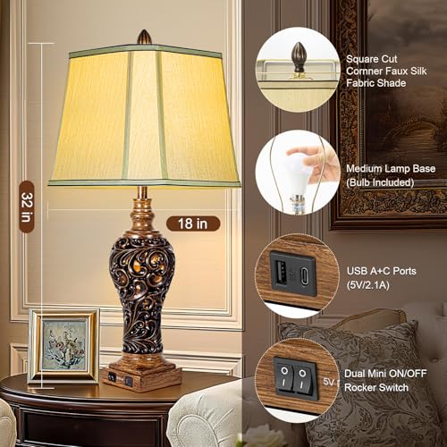 32'' Tall Rustic Vintage Table Lamps Set of 2 with Night Lights (2 Count)