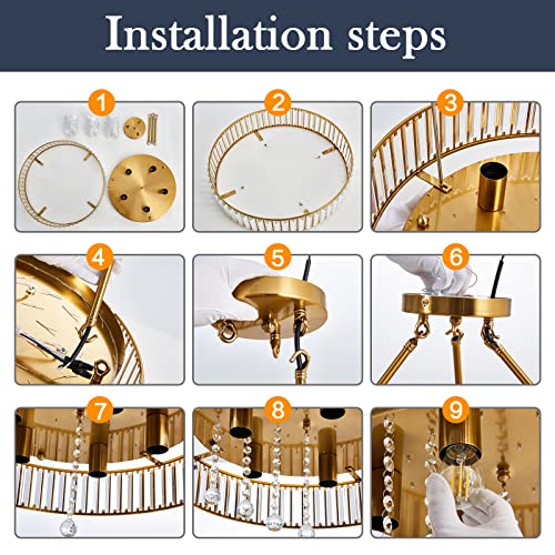 6 Light Modern Large Crystal Chandelier Gold Metal E26 Semi Flush Mount Round Ceiling Light Fixture Ceiling Lamp Farmhouse for Dining Room Living Room Laundry Room Foyer Kitchen Bedroom
