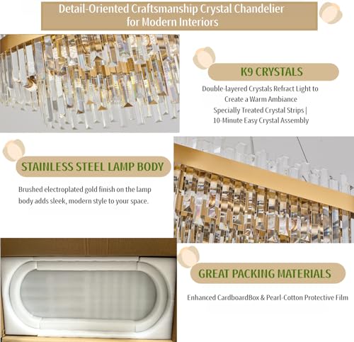35.4" Brushed Gold Rectangular Crystal Chandelier Dining Room Kitchen