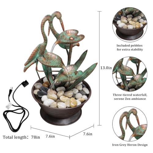 Tabletop Water Fountain with Standing Metal Crane for Home Decor