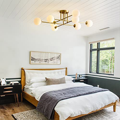 8 Light Globe Flush Mount Ceiling Light Milk Glass Ball Sputnik Chandelier Mid Century Brushed Gold Semi Flush Mount Ceiling Light Fixture Living Room Ceiling Lamp