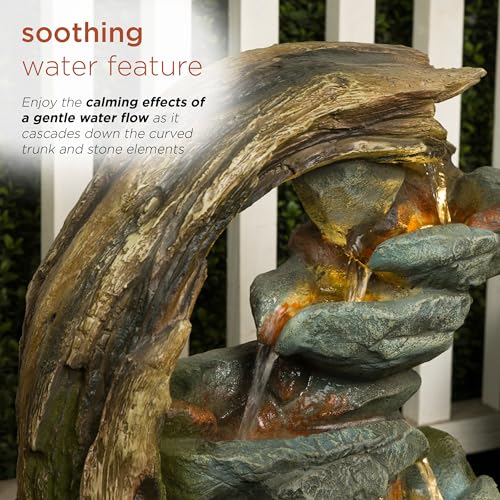 WIN1554S Outdoor Curved Trunk and Stone Floor Fountain with Warm White LED Lights