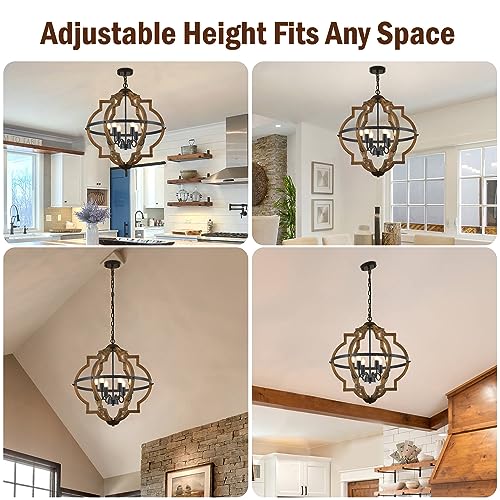 22.83" 6 Light Brown Oak Wood Drum Pendant Light for Dining Room